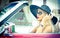 Outdoor summer portrait of stylish blonde vintage woman driving a convertible red retro car. Fashionable attractive fair hair girl