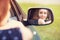 Outdoor sun freedom teenager head. Car student at mirror journey