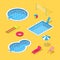 Outdoor swimming pool and water park vector 3d isometric icons and design elements set.