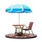 Outdoor table and chair with garden parasol sunshade at coffee shop isolated on white background with clipping path