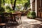 Outdoor table of coffee cafe and reataurant. Summer terrace on city street. Empty outside tables and chairs of outdoor cafe on