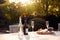 Outdoor Table In Garden At Home Laid With Champagne And Snacks