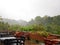 Outdoor tables and chairs under the rain