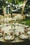 Outdoor tables for an elegantly decorated wedding reception, with lovely floral centerpieces and vintage style tableware and