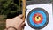 An outdoor target for shooting with a bow and arrows, for archery arrows on a summer day , in the Park. Archery target