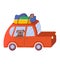 Outdoor tourist car with hiking travel stuff, dog watch window vehicle, family road travel cartoon vector illustration