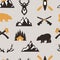 Outdoor tourist travel scout badges template emblem vector illustration collection seamless pattern background bear and