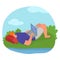 Outdoor travel camping, male freelancer lying on green grass work laptop, surf internet flat vector illustration