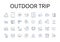 Outdoor trip line icons collection. Beach vacation, Mountain hike, Forest trek, City escape, Road trip, Camping