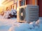 The outdoor unit of the air conditioner in the snow during winter. Generative AI