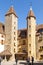 Outdoor View of Colorful Classic Castle Exteriors Walls and Windows.