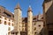 Outdoor View of Colorful Classic Castle Exteriors Walls and Windows.