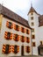 Outdoor View of Colorful Classic Castle Exteriors Walls and Windows in old town Neuchatel, Switzerland, Europe