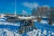 Outdoor view of Kristiansten fortress and cannons over the snow in Trondheim