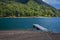 Outdoor view of metallic strcuture in the shore in the lake of todos Los Santos, Region in Chile