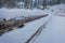 Outdoor view of sideline winter road snow and ice in the forest of Norway