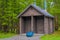 Outdoor view of wooden and ecological cabins of bathrooms, located in the forest at the in Gran Teton, beautiful nature