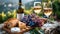 Outdoor vineyard picnic scene with wine and cheese. romantic getaway concept. fresh grapes and bread on rustic wooden