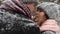 Outdoor winter forest shot of young wedding couple walking and having fun holding hands in snow weather pine forest