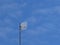 Outdoor wireless parabolic directional antenna on pole againts blue sky