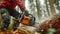 Outdoor work, lumberjack cutting timber with a powerful chainsaw. Forestry worker in action, chainsaw in hand.