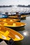 Outdoor yellow rowboat and white swan boats Style for relaxation on the lake in the a park