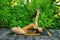 Outdoor yoga practice. Young woman practicing Matsyasana. Fish pose is a reclining back-bending asana in hatha yoga. Bali,