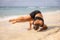 Outdoor yoga. Strong Caucasian woman practicing Parsva Bakasana, Side Crow Pose with straight legs. Arm balance and concentration