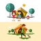 Outdoors Camping Vector Design with Tent, Children, Fire and Woman