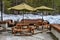 Outdoors forest cafe deck with snow on the background in Sequoia National Park, USA - high altitude