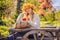 Outdoors lifestyle close up portrait of charming blonde young woman wearing a wreath of autumn leaves. Wearing stylish