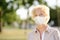 Outdoors portrait senior woman wearing disposable medical face mask. Safety in public place during coronavirus outbreak