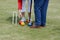 Outdoors recreational game of croquet.