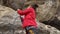 Outdoors rock climbing training and partner insurance. Climbing extreme active sport activity.