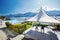 Outer pool on the banks of Lake Como and Italian Alps.