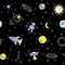 Outer space seamless pattern, planets, stars and astronomy elements. Texture for wallpapers, web page backgrounds, vector