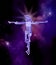 Outer space violet and purple background.The cross of Jesus Christ in the style of circut electrical diagram.