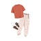 Outfit set in modern sport style. Clothes composition, t-shirt, trousers and sneakers. Stylish apparel, full look with