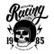 Outlaw racing. Emblem template with biker skull. Design element for poster, t shirt, sign, label, logo