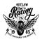 Outlaw racing. Emblem template with biker skull. Design element for poster, t shirt, sign, label, logo