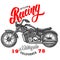 Outlaw racing. Emblem template with old style motorcycle. Design element for logo, label, sign, emblem, poster.