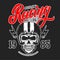 Outlaw racing. Emblem template with skull in racer helmet. Design element for poster, logo, label, sign, badge.