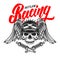 Outlaw racing. Emblem template with skull in racer helmet. Design element for poster, logo, label, sign, badge.