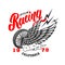 Outlaw racing. Emblem template with winged wheel. Design element for poster, logo, label, sign, badge.