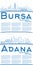 Outline Adana and Bursa Turkey City Skyline with Blue Buildings and Copy Space