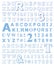 Outline alphabet and symbols set in light blue