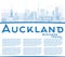 Outline Auckland Skyline with Blue Buildings and Copy Space.
