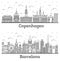 Outline Barcelona Spain and Copenhagen Denmark City Skyline Set