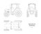 Outline blueprint of tractor. Side, front, top view of agriculture machinery. Farming vehicle. Industry isolated drawing