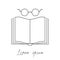 Outline of a book and glasses. Vector illustration for logo, sticker, brand and creative design